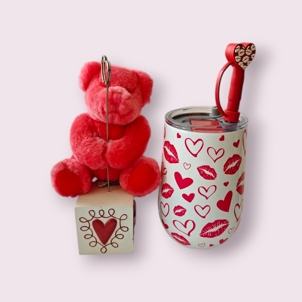 Red Teddy Bear Photo/Note Holder & New Heart Tumbler Set